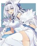  1girl animal_ears blue_eyes breasts bun_cover cape china_dress chinese_clothes dobrynya_nikitich_(fate) dress fang fate/grand_order fate_(series) fur-trimmed_cape fur_trim hairband heart highres official_alternate_costume tail thigh-highs uxco0 white_dress white_hair 