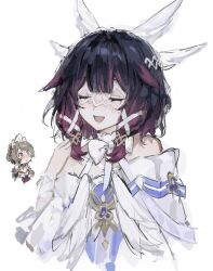  2girls alternate_hair_length_(shorter) bare_shoulders black_hair blue_eyes blush bonnet bow brown_hair chibi chibi_inset closed_eyes columbina_(genshin_impact) commentary detached_collar detached_sleeves dress english_commentary eye_mask genshin_impact hair_ornament hand_up highres long_sidelocks looking_at_another mask momorin_0808 multicolored_hair multiple_girls multiple_wings open_mouth purple_hair purple_streaks sandrone_(genshin_impact) see-through_clothes see-through_mask short_hair_with_long_locks sidelocks simple_background sketch smile streaked_hair two-tone_hair upper_body white_background white_bow white_dress white_headdress white_mask white_wings wing_hair_ornament wings wrist_bow x-shaped_eyewear 