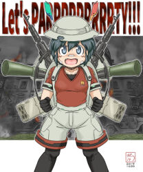  1girl @_@ artist_logo assault_rifle backpack bag bandaid bandaid_on_face bandaid_on_nose black_eyes black_gloves black_hair black_pantyhose bow bowtie breasts burning burning_building commentary_request cyborg dated english_text fangs feet_out_of_frame gaketsu gloves grey_shorts gun hair_between_eyes helmet highres kaban_(kemono_friends) kemono_friends legs_apart letterboxed logo looking_at_viewer metal_wolf metal_wolf_chaos missile_pod multiple_weapons open_mouth outline outside_border overcast pantyhose parody photo_background pith_helmet red_shirt rifle rocket_launcher shirt short_hair shorts shouting sky small_breasts smoke standing straight-on too_many_weapons two-tone_bow two-tone_bowtie v-shaped_eyebrows weapon white_house white_outline 