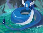  absurdres animal_focus blurry commentary_request dragonair highres looking_at_viewer no_humans outdoors pokemon pokemon_(creature) shiny solo violet_eyes water yunimaru 