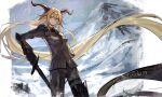  1girl absurdly_long_hair aito animal_ears arknights arm_behind_back bangs black_gloves blonde_hair breasts brown_jacket brown_pants closed_mouth day degenbrecher_(arknights) gloves goat_ears goat_girl goat_horns hair_between_eyes highres holding holding_sword holding_weapon horns jacket long_hair medium_breasts military military_jacket military_uniform mountain outdoors pants smile solo standing sword thigh_strap twitter_username uniform v-shaped_eyebrows very_long_hair weapon 