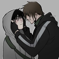  2boys afraid_of_monsters bags_under_eyes beard_stubble black_eyes black_gloves black_hair brown_hair creator_connection crossover cry_of_fear david_leatherhoff facial_hair fingerless_gloves from_side gloves grey_hoodie hair_over_eyes hand_on_another's_face highres hood hood_down hood_up hoodie looking_at_another male_focus multiple_boys short_hair simon_henriksson striped_clothes striped_hoodie stubble turtleneck upper_body xenaboom 