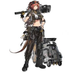  1girl alanna_(arknights) arknights baimudafeiyu bandaged_arm bandages bandaid black_boots black_gloves black_pants boots breasts crop_top elbow_pads full_body gloves goggles goggles_on_head green_eyes hammer hand_on_own_hip hand_up highres holding holding_hammer holding_wrench jacket knee_pads long_hair looking_at_viewer midriff navel official_art over_shoulder pants pointy_ears ponytail pouch red_hair single_glove single_knee_pad smile solo standing stomach tachi-e tail third-party_source transparent_background wrench 