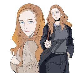  1girl blue_eyes brown_hair denim eva_stratt formal_clothes highres jeans long_hair mature_female pants project_hail_mary simple_background solo soncherry09 sweater white_background 