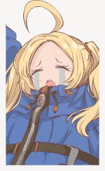  1girl ahoge arms_up blonde_hair blue_coat border closed_eyes coat commentary_request crying crying_with_eyes_open diana_(pragmata) open_mouth pettan_(zeez4743) pragmata solo tears teeth upper_teeth_only white_background white_border 