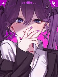 1girl arm_up asupa_mayo0210 asymmetrical_eyes black_collar blush butterfly_hair_ornament collared_shirt crazy_eyes crossed_bangs double-parted_bangs gakuen_idolmaster hair_between_eyes hand_on_own_face heart highres idolmaster jacket kaya_rinha long_hair long_sleeves nail_polish open_collar open_jacket pink_background purple_eyes purple_hair purple_nails raised_eyebrows shadow simple_background smile twintails upper_body violet_eyes white_shirt