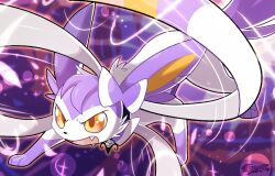  alternate_color alternate_shiny_pokemon animal_focus bow commentary_request fang full_body looking_at_viewer no_humans open_mouth pokemon pokemon_(creature) pokemon_focus purple_background purple_fur ribbon sifyro simple_background solo sparkle standing sylveon white_fur yellow_eyes 