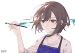  1girl bangs bow braid brown_eyes brown_hair closed_mouth hair_bow highres holding holding_paintbrush paint paintbrush project_sekai re_kyu shinonome_ena shiny shiny_hair short_hair simple_background solo sweater upper_body white_background 
