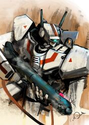  absurdres assault_visor choujikuu_yousai_macross commentary_request green_visor gun gunpod highres holding holding_gun holding_weapon macross magmastudio mecha mecha_focus no_humans robot science_fiction signature variable_fighter vf-1 vf-1j weapon 