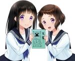  2girls black_hair black_sailor_collar black_skirt blue_neckerchief book brown_hair chitanda_eru highres hyouka ibara_mayaka kamiyama_high_school_uniform long_hair looking_at_viewer multiple_girls myjiq neckerchief red_eyes sailor_collar school_uniform serafuku short_hair simple_background skirt upper_body violet_eyes white_background 