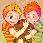  2boys aynoh blonde_hair child claus_(mother_3) closed_eyes dog falling_petals hug leaf lucas_(mother_3) male_focus mother_(game) mother_3 multiple_boys one_eye_closed orange_hair petals shirt simple_background smile spiky_hair teeth tongue 