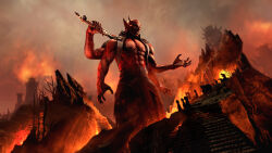  1boy 3d armor axe bare_tree battle_axe black_cloak black_skirt chainmail chest_tattoo cloak clouds cloudy_sky colored_skin commentary demon demon_boy english_commentary extra_arms fire giant grey_sky hell highres holding holding_axe hood hooded_cloak horns jacquelineleaevans lava light_particles male_focus mehrunes_dagon muscular muscular_male official_art open_hands orange_sky people pointy_ears poster_(medium) red_skin shoulder_armor size_difference skirt sky smoke stairs standing tattoo the_elder_scrolls the_elder_scrolls_iv:_oblivion the_elder_scrolls_online topless_male tower tree weapon 