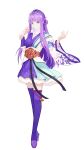  1girl asymmetrical_sleeves bell flower full_body hair_ornament hair_rings hairpin high_heels highres huang_qia_mi long_hair purple_hair qin_shi_ming_yue second-party_source shao_siming_(qin_shi_ming_yue) solo thigh-highs veil white_background 