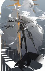  1girl absurdres ai_chi_chunjuan_fan arknights ascot black_ascot black_eyes black_gloves black_hair black_halo black_pantyhose black_shoes blunt_bangs bow_(music) broken_halo cello chinese_commentary commentary_request detached_wings floating_hair floating_stairs full_body gloves grey_background halo high_heels highres hime_cut holding holding_bow_(music) instrument long_hair looking_at_viewer midair outdoors pantyhose shoes sidelocks smile solo statue sun_symbol very_long_hair virtuosa_(arknights) wings yellow_pupils 