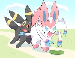  animal_focus black_fur blue_eyes blue_sky blush bow colored_sclera commentary cucumber english_commentary fangs full_body highres komanychi no_humans open_mouth outdoors pokemon pokemon_(creature) pokemon_focus red_sclera sky sweat sylveon tail umbreon 