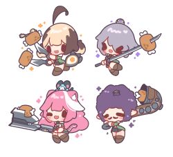  >_< 4girls :3 :d ;3 ;d absurdres ahoge animal_ears axe blonde_hair blush boned_meat brown_hair chibi chibi_only closed_eyes commentary decrilus english_commentary facial_hair food full_body gigi_murin grey_hair highres holding holding_axe holding_knife holding_sword holding_weapon hololive hololive_english knife koseki_bijou long_hair meat multicolored_hair multiple_girls mustache ninomae_ina'nis one_eye_closed open_mouth panther_ears panther_girl panther_tail pink_hair purple_hair raora_panthera short_hair simple_background smile standing streaked_hair sword tail twintails two-tone_hair virtual_youtuber weapon white_background white_streaks xd 