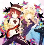  2girls abstract_background blonde_hair brown_eyes brown_hair commentary_request gloves grin guitar holding instrument keyboard_(instrument) koto_suomi long_hair looking_at_viewer maribel_hearn multiple_girls short_hair simple_background sitting smile star_(symbol) touhou translation_request usami_renko white_background yellow_eyes 