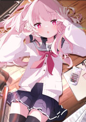  absurdres ayahosiyuki black_sailor_collar black_thighhighs blue_archive bright_pupils cardigan cellphone commentary_request highres long_sleeves lying natsu_(blue_archive) navel on_back phone pink_hair pleated_skirt red_eyes sailor_collar skirt smartphone thigh-highs white_cardigan white_pupils 