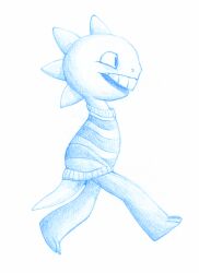  1other 2015 2d ambiguous_gender animal_nose anthro blue_theme colored_pencil_(medium) commentary english_commentary from_side full_body highres horizontal-striped_clothes lizard lizard_tail looking_ahead milkyawayart monochrome monster monster_kid_(undertale) open_mouth other_focus profile reptile reptile_tail scalie shirt simple_background solo striped_clothes striped_shirt traditional_media two-tone_shirt undertale utdr_(toby_fox) walking white_background 