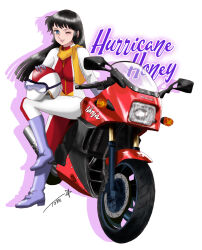  1girl bicycle biker_clothes bikesuit black_hair blue_eyes bodysuit boots character_name chutohampa commentary_request cutie_honey drop_shadow goggles goggles_on_headwear grey_boots helmet highres hurricane_honey kawasaki_(company) kawasaki_gpz900r long_sleeves looking_at_viewer motor_vehicle motorcycle multicolored_bodysuit on_motorcycle one_eye_closed open_mouth red_bodysuit scarf signature sitting smile solo teeth two-tone_bodysuit unworn_headwear unworn_helmet upper_teeth_only white_background white_bodysuit yellow_scarf 