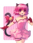  1girl :3 :d animal_ears armband bangs bell blush bow bridal_garter cat_ears cat_girl cat_tail choker dress fang frilled_armband frills glove_bow gloves highres looking_at_viewer magical_girl momomiya_ichigo open_mouth pink_eyes pink_hair rockusocku short_hair smile solo sparkling_eyes strapless strapless_dress tail tail_bell tail_bow tail_ornament tokyo_mew_mew 