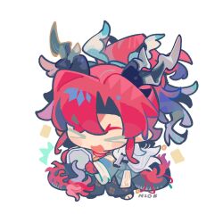  >_< 1boy arknights artist_name black_pants blue_hair blue_jacket blush_stickers chibi chinese_commentary closed_eyes commentary_request dragon_boy dragon_horns dragon_tail gradient_hair highres horns jacket long_hair male_focus multicolored_hair nitrogen_owo open_mouth pants red_hair simple_background smile solo tail white_background yu_(arknights) 