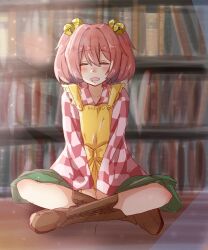  1girl absurdres apron bell blush book bookshelf boots brown_boots checkered_clothes checkered_kimono closed_eyes commentary_request facing_viewer green_skirt gumi_(fwjn7284) hair_bell hair_ornament highres japanese_clothes jingle_bell kimono medium_hair motoori_kosuzu sitting skirt sleeping touhou wide_sleeves yellow_apron 