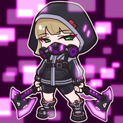  1girl absurdres axe black_boots black_jacket black_shorts boots brown_hair chibi commentary_request dual_wielding full_body green_eyes highres holding holding_axe hood hood_up hooded_jacket jacket long_sleeves looking_at_viewer mask neon_trim original puffy_long_sleeves puffy_sleeves respirator saishosaisekojo shorts solo standing 
