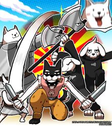  2015 2d 4boys anthro armor artist_name axe barefoot black_fur blurry blush_stickers body_fur brown_background cloak close-up commentary deviantart_username digital_media digitigrade dog dog_boy dog_girl dogamy dogaressa doggo_(undertale) dragon_ball dragon_ball_z dragonith dual_wielding english_commentary eyebrows eyelashes female full_body furry furry_female furry_male ginyu_force_pose greater_dog halftone halftone_background holding holding_axe holding_sword holding_weapon lesser_dog long_neck long_sleeves looking_at_viewer male meme monster monster_boy monster_girl multiple_boys multiple_dogs open_mouth orange_pants outline outstretched_arms pants parody paws pink_tank_top sandals simple_background standing standing_on_one_leg sword tank_top tongue tongue_out undertale utdr_(toby_fox) weapon white_background white_dog white_fur white_outline 