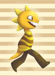  1other 2015 2d ambiguous_gender animal_nose anthro brown_background colored_pencil_(medium) colored_skin commentary digital_media english_commentary from_side full_body highres horizontal-striped_background horizontal-striped_clothes lizard lizard_tail looking_ahead milkyawayart mixed_media monster monster_kid_(undertale) open_mouth other_focus profile reptile reptile_tail scalie shirt solo striped_background striped_clothes striped_shirt traditional_media two-tone_background two-tone_shirt undertale utdr_(toby_fox) walking yellow_background yellow_shirt yellow_skin yellow_stripes 