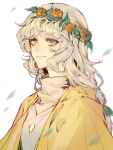  1girl daydream_forester flower hair_ornament highres long_hair looking_at_viewer multicolored_eyes qigongzi796 sky:_children_of_the_light smile solo upper_body wavy_hair white_hair wind wreath 