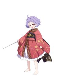 1girl absurdres ahoge baba_(baba_seimaijo) barefoot black_sash bowl commentary_request full_body highres holding holding_needle japanese_clothes kimono long_sleeves looking_at_viewer missing_headwear needle needle_sword obi open_mouth purple_hair red_eyes red_kimono sash short_hair simple_background smile solo sukuna_shinmyoumaru toes touhou white_background wide_sleeves 