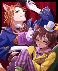  2boys animal_ears black_border blue_coat border brown_hair cane cat_boy cat_ears cat_tail coat commentary_request curtains dark-skinned_male dark_skin elbow_gloves eyeshadow fellow_honest fox_boy fox_ears fox_tail gidel_(twisted_wonderland) gloves green_eyeshadow hat hat_tip highres holding holding_cane holding_unworn_clothes holding_unworn_hat looking_at_viewer makeup male_focus mini_hat mini_top_hat mitsuro_illust multiple_boys orange_eyes orange_hair outside_border oversized_clothes red_background sleeves_past_fingers sleeves_past_wrists slit_pupils tail top_hat toy_hammer twisted_wonderland unworn_hat unworn_headwear white_gloves 