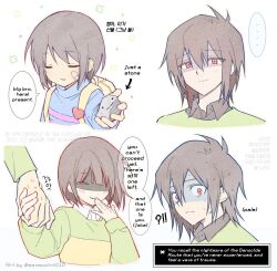  3others androgynous arrow_(symbol) artist_name backpack bag bandaid bandaid_on_cheek bandaid_on_face blue_sweater blush brown_hair brown_shirt chara_(undertale) closed_eyes closed_mouth collared_shirt commentary_request deltarune english_text frisk_(undertale) green_sweater highres holding holding_hands holding_rock korean_commentary korean_text kris_(deltarune) laughing mixed-language_text multiple_others parted_lips red_eyes rock savepoint010 shaded_face shirt shirt_under_sweater short_hair smile sweat sweater translation_request twitter_username undertale utdr_(toby_fox) white_shirt yellow_bag 