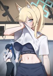  2girls absurdres blue_archive breasts commentary_request highres kanna_(blue_archive) long_hair looking_at_viewer mirror multiple_girls ponytail reflection saori_(blue_archive) shirokami_da sports_bra stomach thai_commentary under_boob 