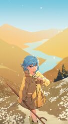  1girl absurdres bead_necklace beads blue_eyes blue_hair boots cane cross cross_necklace desert highres holding holding_cane hood jewelry jubilee_2025 looking_at_viewer luce_(jubilee_2025) necklace passarinho122 raincoat rosary rubber_boots sand sand_dune short_hair smile solo yellow_raincoat 