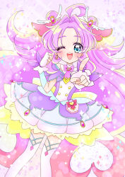  1girl ;d absurdres ahoge akechi_anna aqua_trim back_bow bare_shoulders blue_eyes blush bow bowtie brooch buttons capelet commentary cowboy_shot cure_answer curled_fingers curtained_hair double-breasted double_bun dress earrings fingerless_gloves fingernails glove_bow gloves gold_buttons gradient_background gradient_hair hair_bun hair_flaps hair_intakes hair_ornament hand_up heart heart_background heart_brooch highres impossible_hair index_finger_raised jewelry layered_dress long_hair looking_at_viewer magical_girl maririn_(nanairoprincess) medium_dress meitantei_precure! multicolored_hair off-shoulder_dress off_shoulder one_eye_closed open_mouth outstretched_arm pact_holder parted_bangs pigeon-toed pink_hair pleated_dress pointing pointing_at_viewer pouch precure purple_background purple_bow purple_bowtie purple_capelet purple_dress purple_hair raised_eyebrows round_teeth smile solo sparkle sparkle_background teeth thigh-highs two-tone_hair upper_teeth_only very_long_hair white_gloves white_thighhighs wing_hair_ornament yellow_bow 