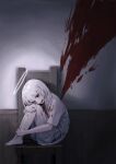  1girl absurdres angel bangs blood blood_on_clothes blood_on_face blood_splatter commentary_request halo highres indoors long_hair looking_at_viewer original red_eyes sakiika0513 shirt sitting skirt white_hair white_shirt white_skirt wooden_chair 