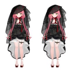  absurdres black_dress black_hat collarbone commentary_request dress flat_chest floral_print green_eyes hanako_nana hat highres korean_clothes multicolored_hair pink_hair red_ribbon reel_(riru) reference_sheet ribbon simple_background stellive streaked_hair thigh_strap virtual_youtuber white_background 