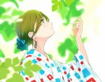  blurry blurry_background closed_mouth earrings green_eyes green_hair hand_up japanese_clothes jewelry kiya_machi leaf looking_up original short_hair 