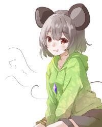  1girl absurdres alternate_costume animal_ears black_skirt blush breasts commentary_request drooling green_hoodie gumi_(fwjn7284) highres hood hoodie hungry jewelry long_sleeves mouse_ears mouse_girl mouse_tail mouth_drool nazrin necklace open_mouth pendant simple_background sitting skirt small_breasts solo stomach_growling tail touhou translation_request white_background 