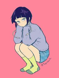  1girl artist_name audio_jack black_eyes blue_shorts blunt_bangs boku_no_hero_academia commentary earplugs highres jiro_kyoka light_blush long_earlobes long_sleeves purple_hair purple_sweater red_background short_hair shorts sleeves_past_fingers sleeves_past_wrists socks solo squatting sweater tugudemia turtleneck turtleneck_sweater yellow_socks 