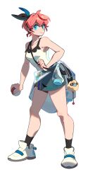  1girl black_socks blue_eyes blue_skirt breasts character_doll charm_(object) clothes_around_waist commentary doll e123oo full_body highres holding holding_poke_ball jacket jacket_around_waist mareep miniskirt multicolored_hair original pink_hair poke_ball poke_ball_(basic) pokemon red_hair shoes skirt small_breasts socks solo streaked_hair tank_top thick_eyebrows two-tone_hair white_shoes white_tank_top 