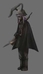  1girl absurdres alternate_costume animal_ears belt black_cape boots cape coat combat_helmet commentary dagger full_body gas_mask green_boots green_coat green_pants grey_background gun helmet highres holding holding_dagger holding_knife holding_weapon knife mask medium_hair military_combat_uniform military_uniform pants purple_hair rabbit_ears rabbit_girl reisen_udongein_inaba rifle simple_background solo there2007 touhou weapon 