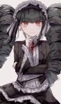  1girl a_sa_gohan bangs black_hair black_jacket black_nails celestia_ludenberg claw_ring closed_mouth commentary_request crossed_arms danganronpa:_trigger_happy_havoc danganronpa_(series) drill_hair earrings frilled_sleeves frills gothic_lolita grey_background grey_shirt highres jacket jewelry layered_skirt lolita_fashion long_hair long_sleeves looking_at_viewer maid_headdress necktie open_clothes open_jacket pleated_skirt red_eyes red_necktie shirt simple_background skirt smile solo straight-on twin_drills twintails wide_sleeves 