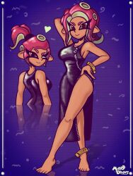  1girl agent_8_(splatoon) artist_name bare_shoulders barefoot closed_mouth commentary dark-skinned_female dark_skin english_commentary feet heart highres marodraws medium_hair octoling octoling_girl octoling_player_character one_eye_closed ponytail red_hair splatoon_(series) suction_cups tentacle_hair toes zipper 