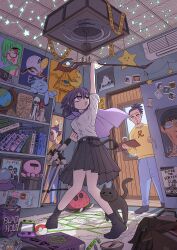  1boy 1girl absurdres alien arm_up azito_(namidameman) bag black_cat book bookshelf cape card cat caution_tape chuunibyou close_encounters_of_the_third_kind commentary_request constellation crescent_moon dreamcatcher e.t. eye_of_providence globe grey_alien highres holding holding_staff indoors magic_circle marker mirror moon nintendo_switch on_magic_circle open_mouth original photo_(object) pleated_skirt poke_ball poke_ball_(basic) pokemon pyramid_(structure) shirt skirt staff takopii takopii_no_genzai tarot tarot_card telescope the_sixth_sense translation_request white_cape white_shirt 