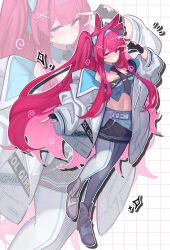  1girl absurdres animal_ears arknights asumi_maboroshi black_gloves black_necktie black_skirt blue_hairband blue_nails blue_shirt blush commentary crop_top detached_collar drop_shadow fingerless_gloves frown full_body gloves grey_shoes grid_background hairband highres jacket long_hair looking_at_viewer midriff nail_polish necktie outline pantyhose pink_eyes pink_hair rabbit_ears ray_(arknights) ray_(dreaming_high)_(arknights) shirt shoes simple_background skirt solo sparkle standing standing_on_one_leg twitter_username v v_over_eye very_long_hair white_jacket white_pantyhose zoom_layer 