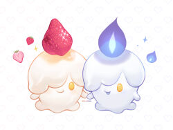  alternate_color artist_name blush english_commentary fire food fruit heart highres litwick mong_(mong_milo) no_humans open_mouth pokemon pokemon_(creature) pokemon_focus smile sparkle strawberry yellow_eyes 