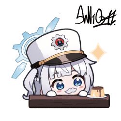  1girl blue_archive cherino_(blue_archive) chibi commentary_request fake_facial_hair fake_mustache food fur_hat gloves grey_hair grey_hat halo hands_up hat highres long_hair one_side_up peaked_cap pudding shuni_valentine signature solo sparkle white_gloves 